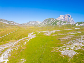 Italy 03 July 2025: aerial view from the drone of the Campo Imperatore plateau in the province of...