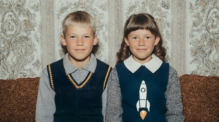 Two young children posing together indoors wearing similar outfits and smiling.