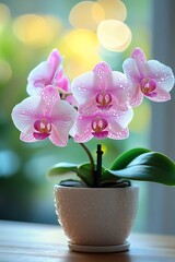 Beautiful pink orchid plant in a white pot, adorned with water droplets.  Soft, natural light background.