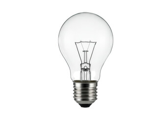 A clear glass lightbulb with a visible filament isolated on transparent background, symbolizing energy and illumination