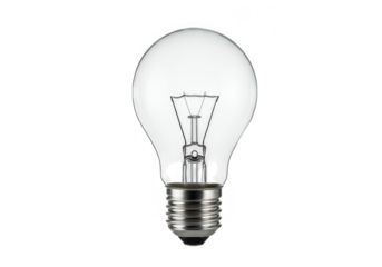 A clear glass lightbulb with a visible filament isolated on transparent background, symbolizing energy and illumination