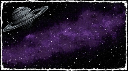 Planet with rings in dark space with purple nebula and white stars.