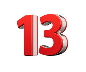 Bold Vibrant Red Number Thirteen Number 13 With Metallic On White Background 3D Illustration