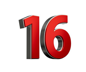 Bold Vibrant Red Number Sixteen Number 16 With Sleek Metallic Gleam On White Background 3D Illustration
