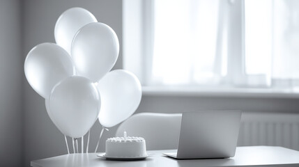 Employee birthday celebration with white balloons and cake on table near laptop in bright office room