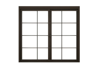 A brown framed window with a grid pattern is isolated on transparent background