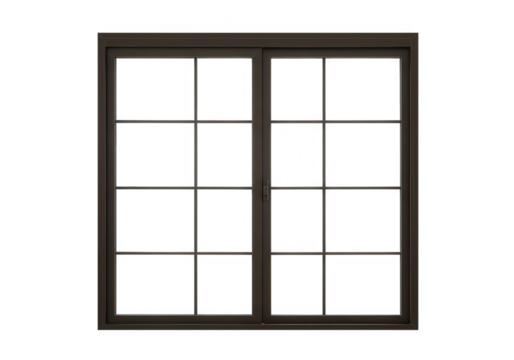 A brown framed window with a grid pattern is isolated on transparent background