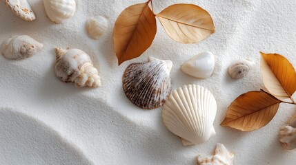 Leaves and seashells on a white sand