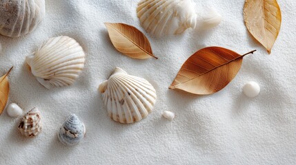 Leaves and seashells on a white sand