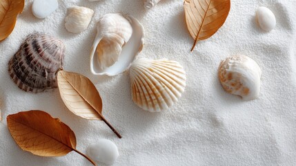 Leaves and seashells on a white sand