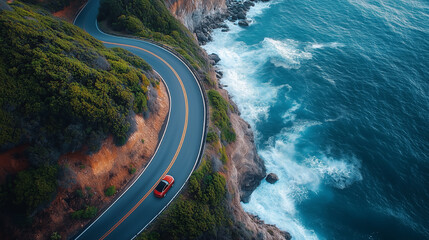 Winding coastal road with car driving along cliffs overlooking the ocean during bright daylight