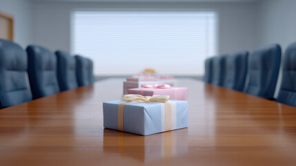 Employee birthday celebration with gift boxes wrapped in pastel paper and ribbons placed on wooden conference table in office room