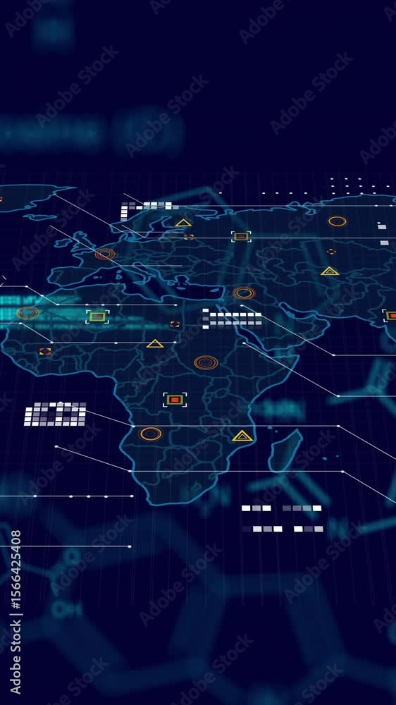 Aufkleber animation of scientific data processing and world map over dark background