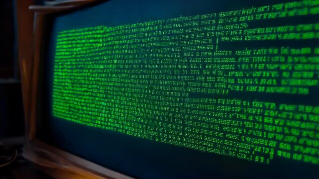 Dynamic glowing green code on monitor in technologythemed sequence