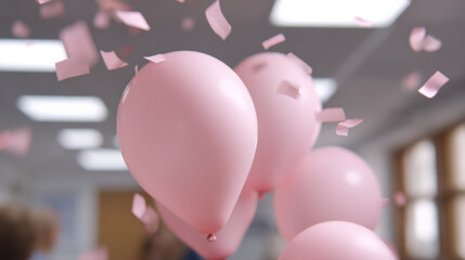 Pink balloon employee birthday celebration with confetti in office party joyful atmosphere