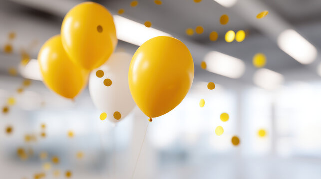 Yellow and white balloons float with golden confetti office space creating festive atmosphere for employee birthday celebration full of joy