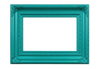 An ornate turquoise picture frame with carved details isolated on transparent background