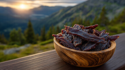 Close-up on fibrous beef jerky texture inside carved wooden bowl, vibrant sunset glow reflecting off meat edges, blurred mountain silhouette beyond ideal snack for active lifestyle