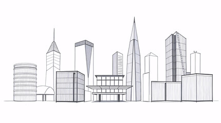 minimal line art illustration of modern cityscape with skyscrapers and urban architecture in contemporary flat design