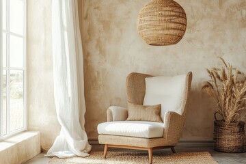 Wooden wingback chair and a large wicker pendant light placed against a window and beige stucco wall. Interior design for a modern living room, Generative AI