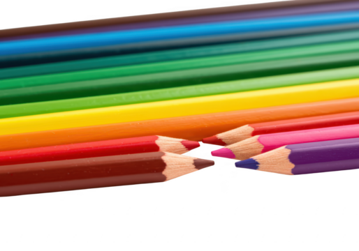 A vibrant array of sharpened colored pencils arranged in a rainbow pattern isolated on transparent background