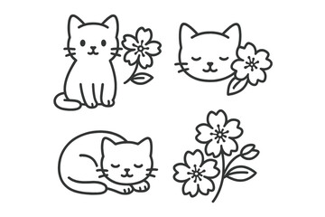 Cute cat illustrations with flowers showcasing various poses and emotions in a minimalistic style