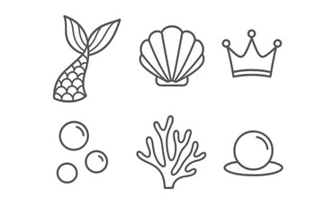 Creative illustrations of marine elements including a mermaid tail, shell, crown, bubbles, coral, and pearl on a simple background