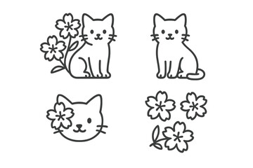 Cute cat illustrations featuring flowers in simple line art style with playful designs and cheerful expressions