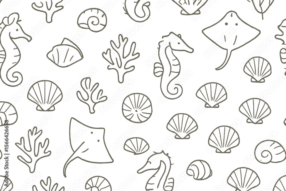 Poster underwater creatures and shells pattern in soft gray for nautical themed decor