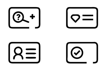 Set of black and white ID card and profile icons featuring user, verification, location, and search symbols in minimal outline style
