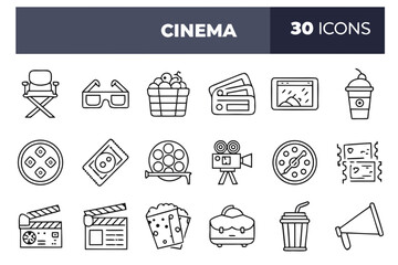 Cinema icon set featuring 18 outline-style movie and theater elements including popcorn, clapperboard, tickets, and film reels

