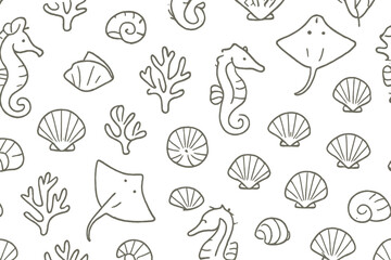 Underwater creatures and shells pattern in soft gray for nautical themed decor