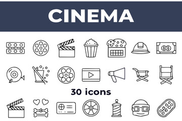 Cinema and Movie Icons Set – 21 Line Style Symbols Including Popcorn, Clapperboard, Film Reel, Megaphone, and 3D Glasses
