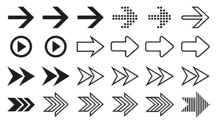 Arrow Icon Set – Collection of 24 Black and White Vector Arrows Including Outline, Filled, Dotted, and Chevron Styles
