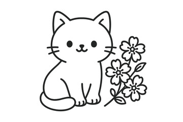 Cute cartoon cat sitting next to blooming flowers in a simple line art design