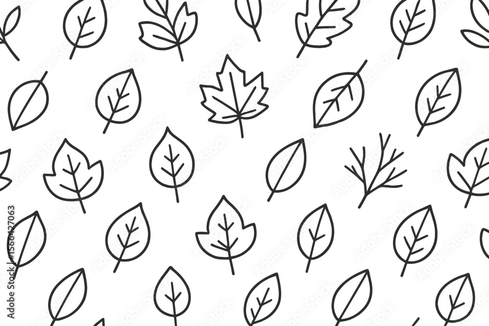 Poster leaf patterns in black and white showcasing various leaf shapes on a simple background