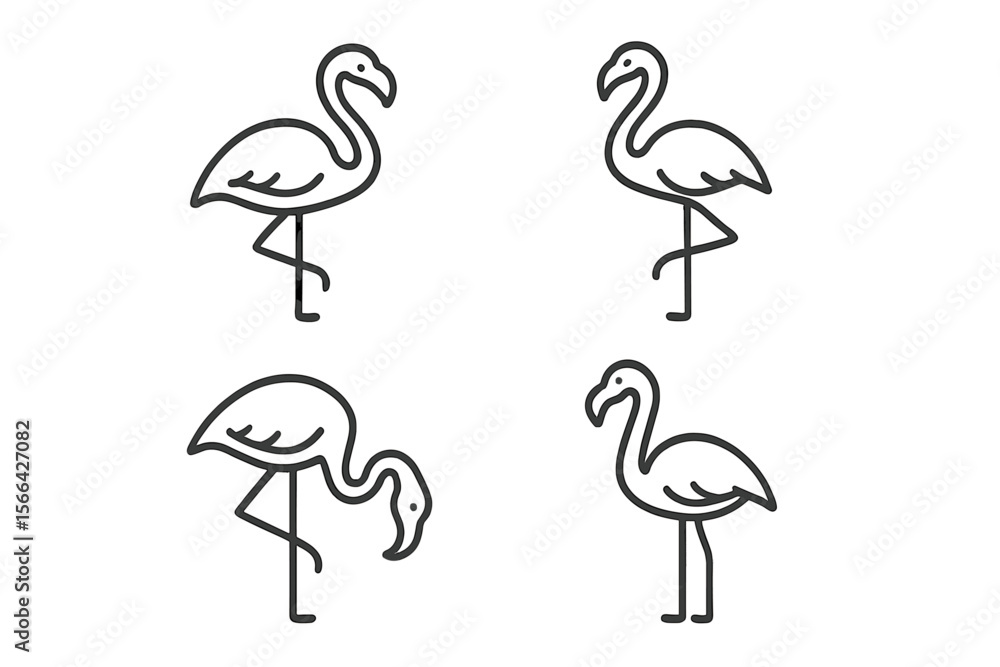 Poster various poses of flamingos depicted in minimalist line art style on a clean background for artistic 