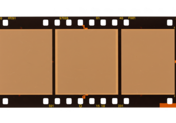 A strip of analog film negative with blank frames and visible numbers is isolated on transparent background