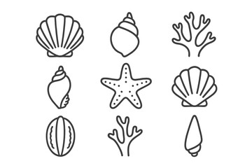 Various marine life illustrations showcasing shells and corals in a simple black and white design