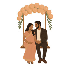 Pregnant Woman with Husband on Decorated Swing 