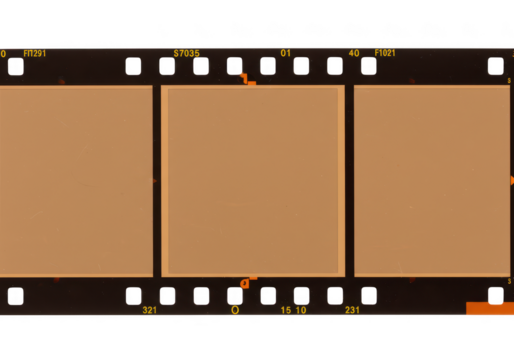 A strip of analog film negative with blank frames and visible numbers is isolated on transparent background