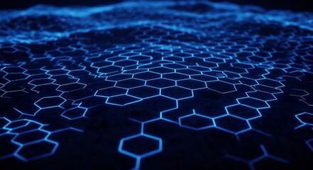 Naklejka premium Abstract Blue Hexagon Network: Futuristic Technology Landscape with Depth of Field