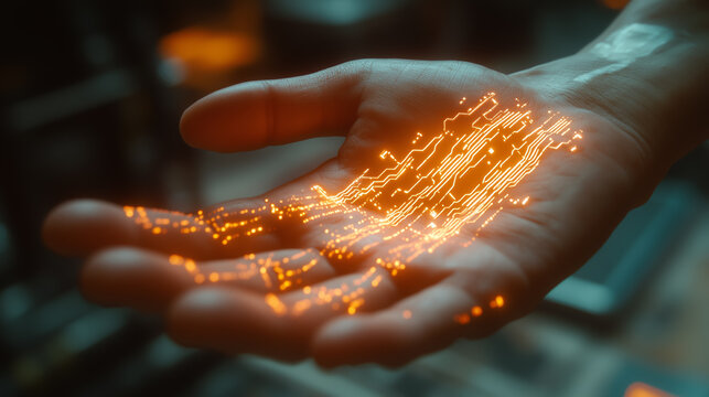 Futuristic hand displaying glowing circuitry in a high-tech environment during evening hours