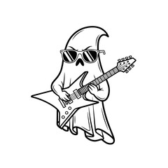 Cartoon ghost with cool mood playing electric guitar and wearing sunglasses in black and white