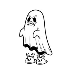 Cartoon ghost with angry mood wearing bunny slippers in black and white
