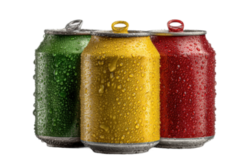 PNG Close-up of three colorful soda cans with water droplets on black background