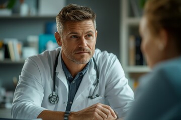 Close-up doctor talking with a patient at a desk in the clinic, offering advice and discussing medical treatments to improve the patient's health, Generative AI