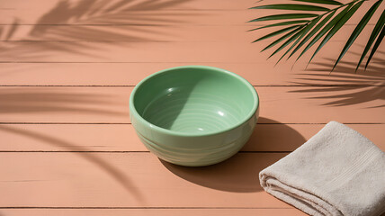 A refreshing green bowl sits on a light peach wooden floor next to a rolledup towel, creating a spalike atmosphere
