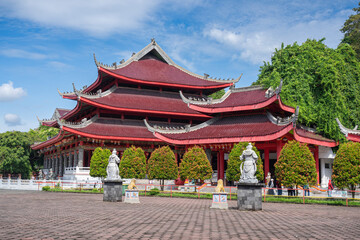 Colorful landscape view of chinese javanese style Sam Poo Kong temple aka Gedung Batu founded by admiral Zheng He, Semarang, Central Java, Indonesia