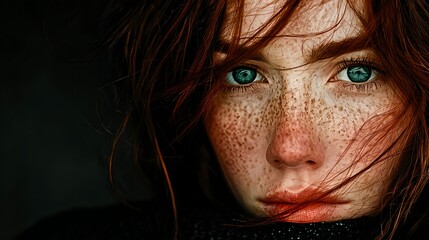 Freckled woman with red hair and blue eyes